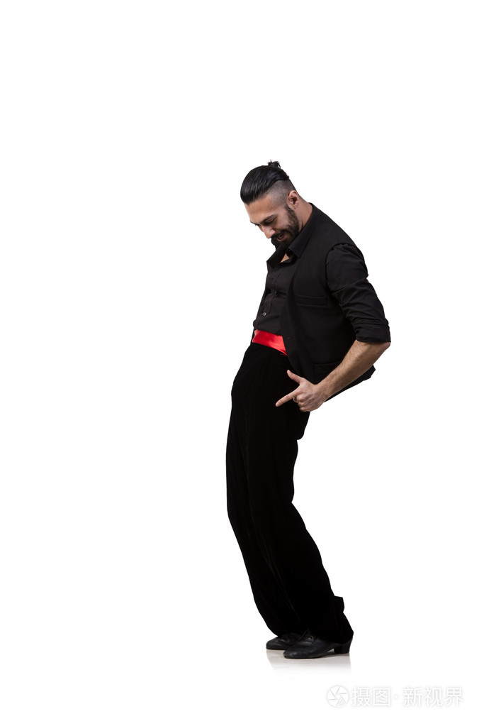 男子舞者跳上白色孤立的西班牙舞蹈