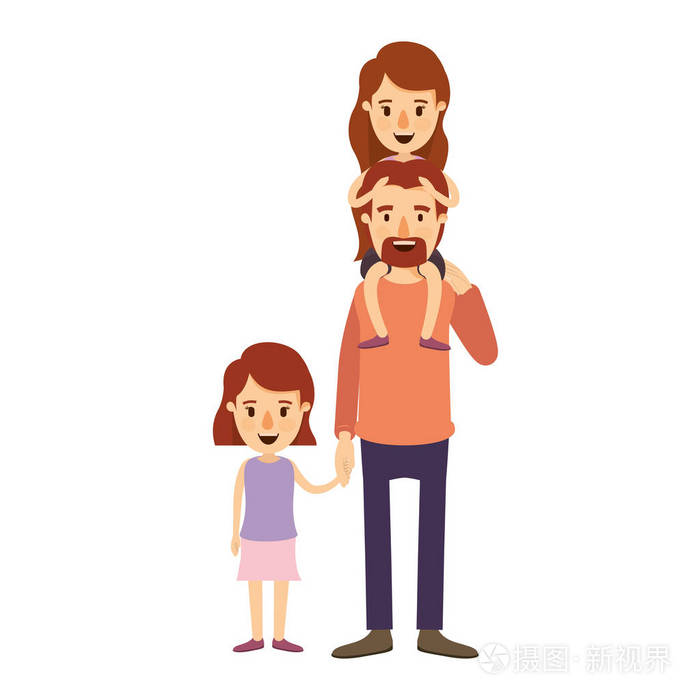 彩色图像漫画爸爸与女儿在他的背和女孩采取的手上