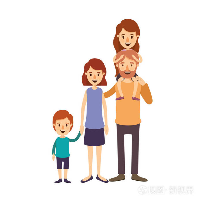 彩色图像漫画大家庭父母与他的背部和儿子采取手的女孩