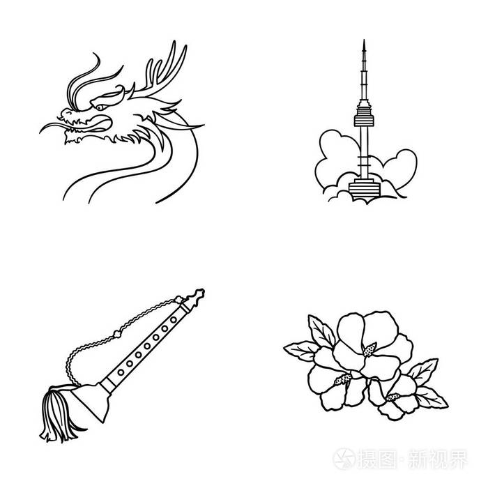 插画 龙与小胡子, 首尔塔, 民族乐器,芙蓉花.