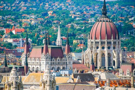 夏天的布达佩斯。小镇和议会在布达佩斯的全景。匈牙利