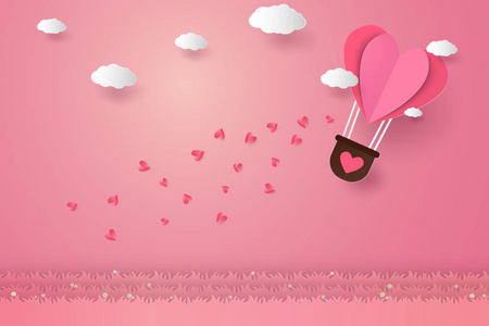 情人节, 插画爱情, 热气球在心形飞扬, 纸艺风格