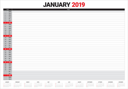 2019年1月台历矢量插画, 简洁整洁的设计