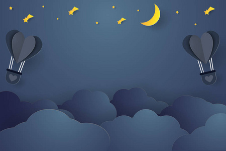 空气中的热气球在夜空中飞舞着一颗心, 纸艺风格