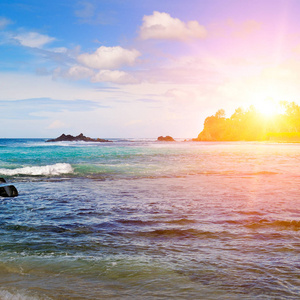 海风景与岩石海岛和日出。海滩.斯里兰卡