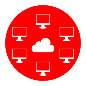电脑网络符号。矢量。在白色背景上的红色圆圈的白色图标。分离
