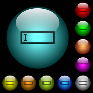 编辑框与编辑光标图标在彩色照明球形玻璃按钮黑色背景。可用于黑色或深色模板