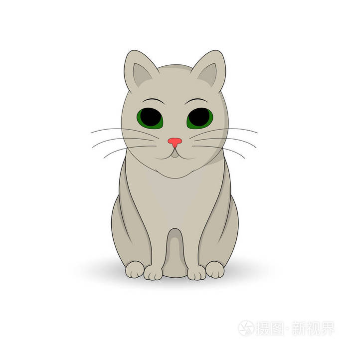 灰猫坐起来.卡通吉祥物.白色背景上的孤立的图