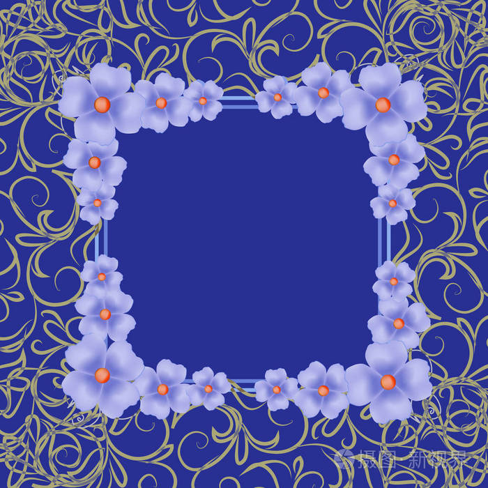 蓝色背景带边框和花图