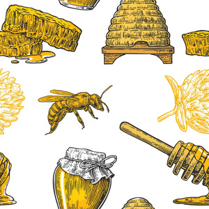 蜂蜜无缝模式。罐子，蜜蜂和蜂窝。手工绘制的设计元素。矢量刻图。白色背景上孤立