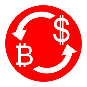 比特币和我们美元.矢量.在白色背景上的红色圆圈的白色图标.分离照片