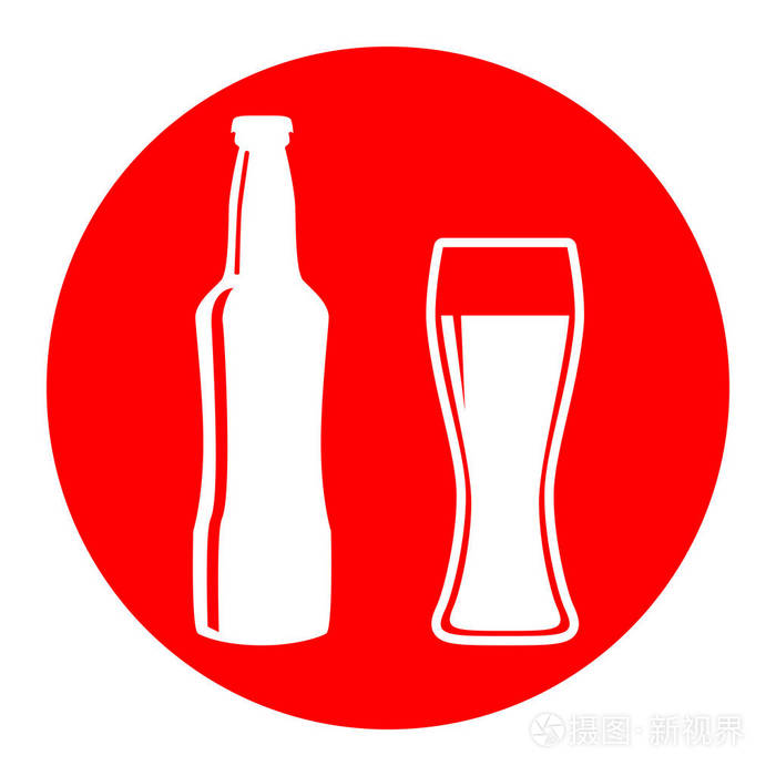啤酒瓶的标志.矢量.在白色背景上的红色圆圈的白色图标.分离
