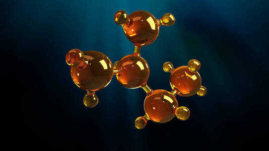 3d. 玻璃分子模型的渲染图解。油分子。结构模型马达油或气的概念