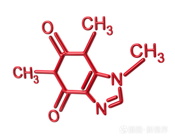 红色咖啡因分子化学结构3d 白色背景插图