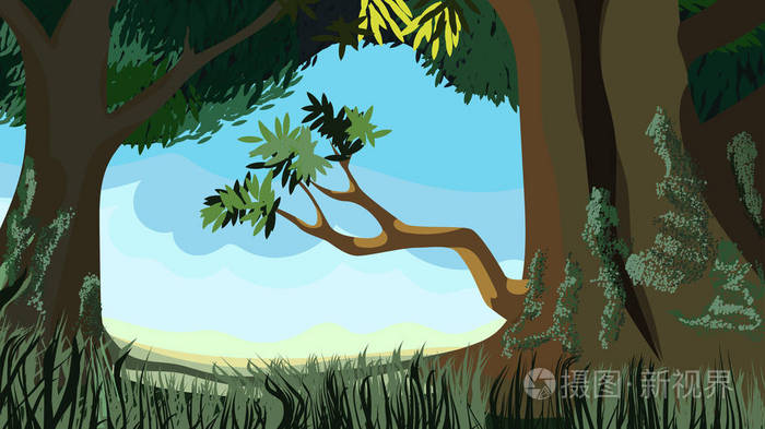 绿色森林中一棵树的矢量插图在一个阳光明媚的下午与草草的清洁插画