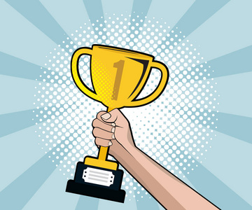 矢量粘人卡通的快乐的人,手拿奖杯赢得 c波普艺术漫画偶像"冠军设置的