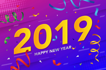 2019新年快乐, 在多彩的背景上闪耀和 conffeti。矢量插图