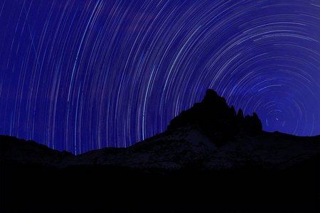 长曝光图像显示夜空星迹越过高山