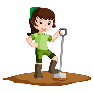 农夫女孩拿着一把铁锹照片