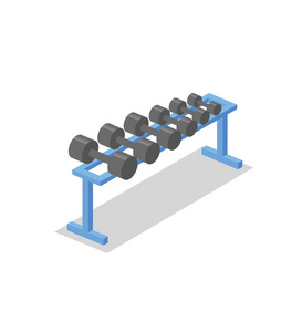哑铃架, 健身房训练设备。健身器材等距插图。彩色平面矢量图。在白色背景上被隔离
