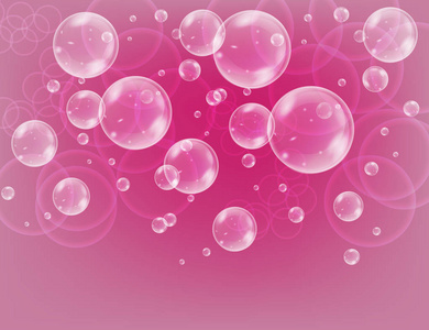 真实的肥皂气泡与彩虹反射设置隔离在粉红色波光粼粼的背景。矢量插图