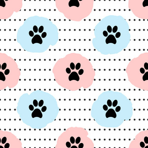 与黑色动物足迹, 圆圈, 粉红色和蓝色斑点无缝模式。矢量插图