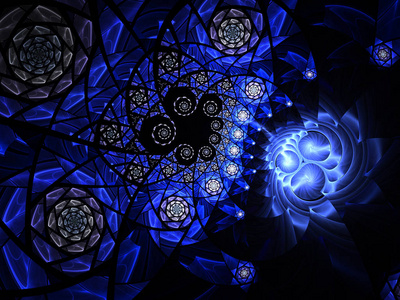 螺旋马赛克分形模式。蓝色色调的花卉马赛克着色玻璃成分