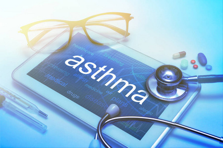 哮喘词就平板电脑屏幕与背景的医疗设备