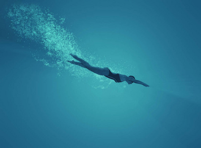 在海底游泳的女人。这是一个3d 渲染插图