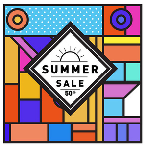 夏季销售孟菲斯风格网页横幅。时尚和旅游折扣海报。矢量假日抽象彩色插画特别优惠和促销