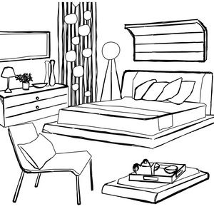 卧室室内,舒适的睡房的床和桌子斯堪的纳维亚极简主义客厅,有大的圆形