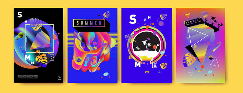 五颜六色的夏日海报集。热带夏季设计模板和封面。夏季插图元素和背景