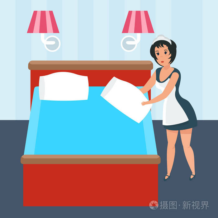 女仆是准备酒店房间, 换床单, 铺床