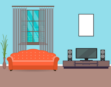 平面样式包括家具, 电视, 沙发, 室内植物和样机的空框架客厅室内设计