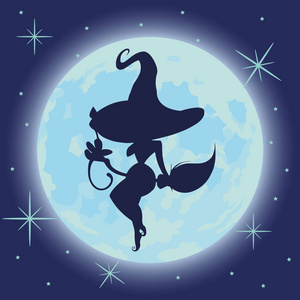 一个性感女巫剪影在蓝色黑暗的夜空的矢量例证照片