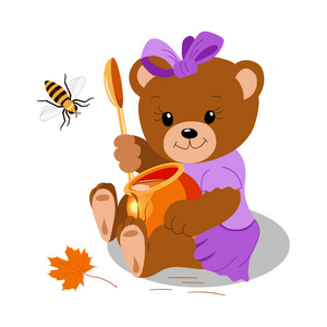 玩具熊用一壶蜂蜜在他的爪子。卡通人物