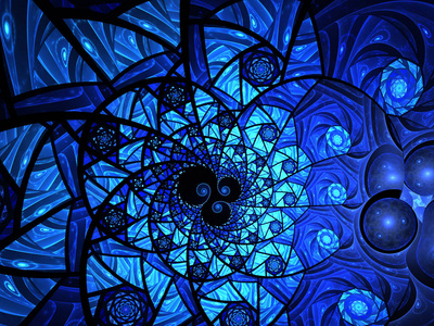 螺旋马赛克分形模式。蓝色花卉马赛克着色玻璃成分