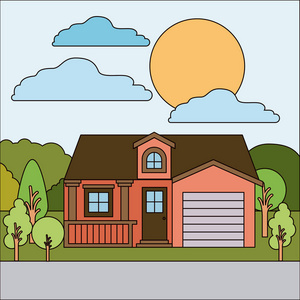 丰富多彩的自然景观,与乡间别墅和阁楼和车库上阳光灿烂的日子照片