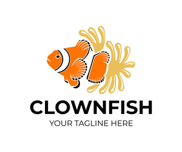 小丑鱼和海葵, 标志设计。海洋水下生命, 动物, 自然和野生动物, 矢量设计和插图