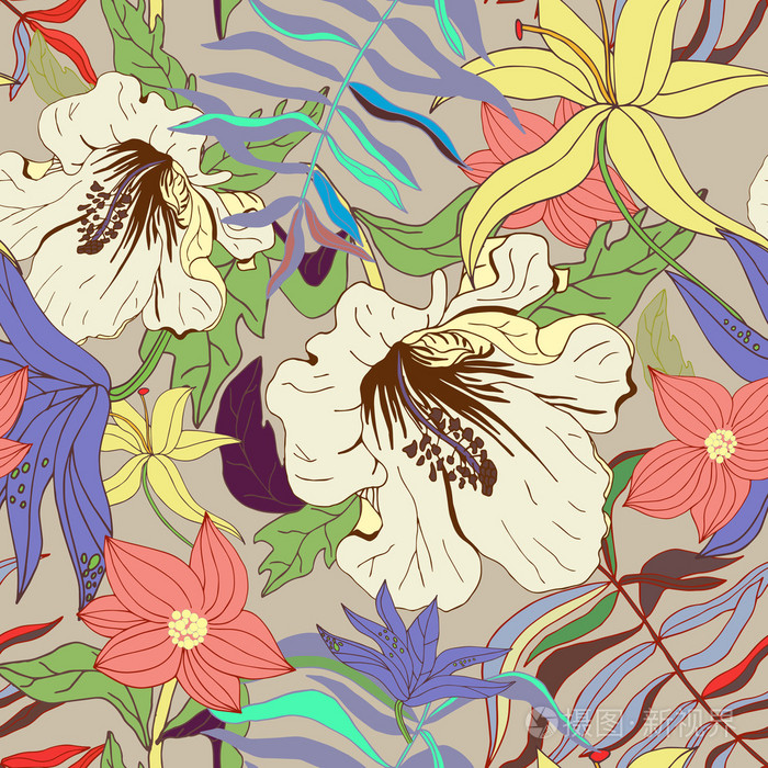 抽象的无缝图案,糊状的孤立热带花卉