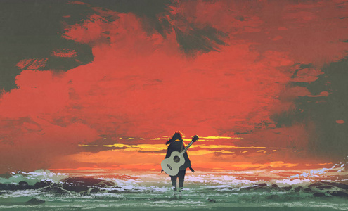吉他上回来站在海中的女人