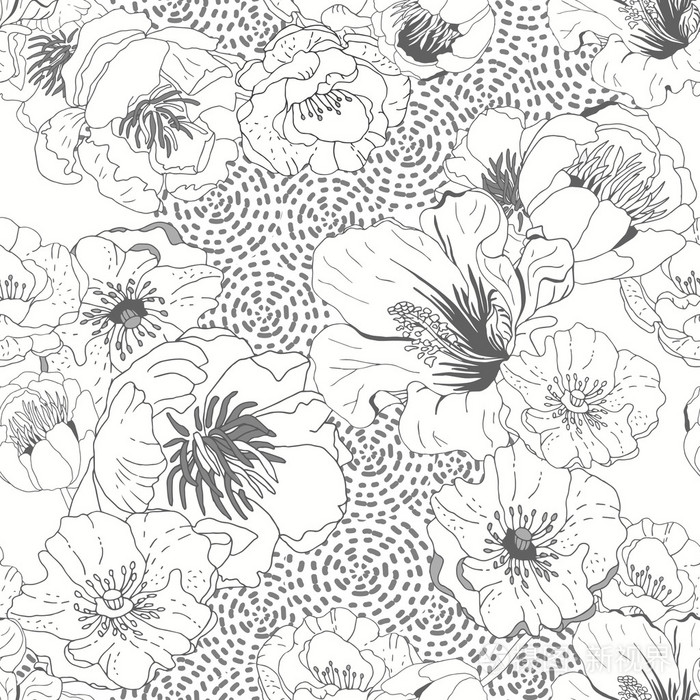 黑白无缝花卉背景. 孤立的花插画-正版商用图片0rg9qb-摄图新视界