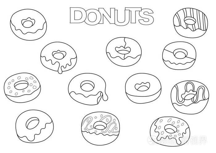 插画 甜甜圈元素手绘制一套.着色书模板.大纲的涂鸦.eps