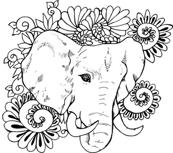 在装饰的背景上, 一只大象的黑白图画.甘妮莎印度神照片