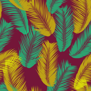 矢量羽毛。热带的无缝模式与异国情调的丛林植物。椰树叶。简单的夏季背景。插图 Eps 10。棕榈树的矢量羽毛剪影或夏威夷叶子