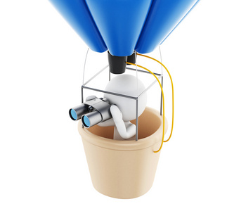 三维白人在热气球上用望远镜。