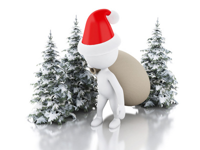 3D圣诞老人，带着一袋礼物，圣诞树在新鲜的sn中