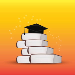 一堆书的毕业帽。大专以上学历, 大学教育理念。矢量插图
