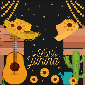 节日 junina 与仙人掌吉他和帽子和向日葵的夜间背景海报