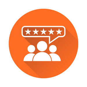 客户评论，评分，用户反馈概念矢量图标。平插图上橙色背景与长长的影子
